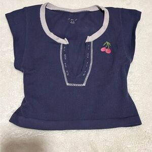 Urban Outfitters Navy Blue Women’s Top with Cherry Embroidery Size Medium/Large